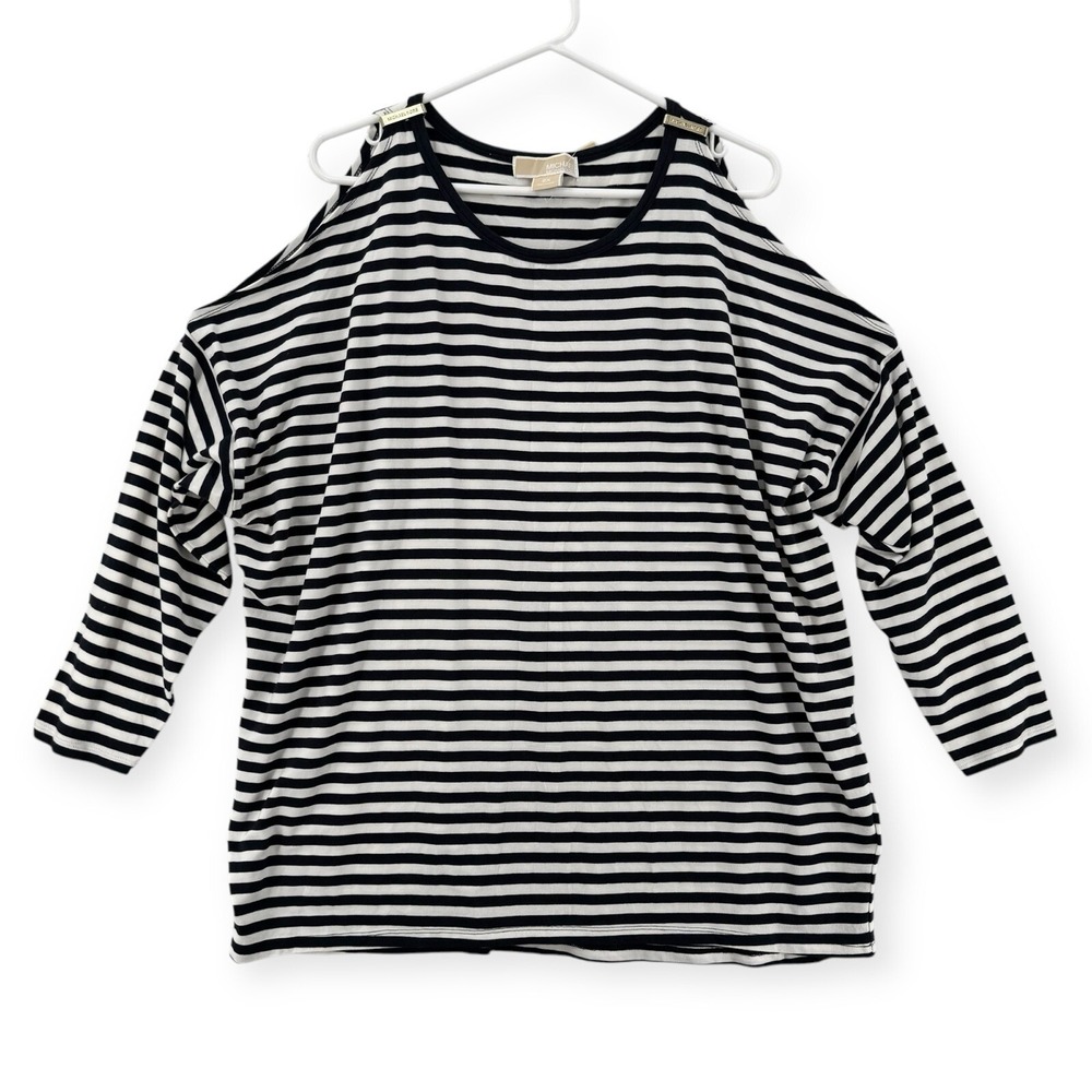 Michael Kors Cold Shoulder Top Womens 2X Striped Navy White Gold Logo WF45KBVGB9